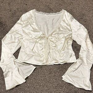 *DONATED* Elegant White Satin Blouse with Bell Sleeves
